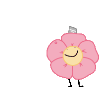 a cartoon drawing of a pink flower with arms and legs and a smiley face