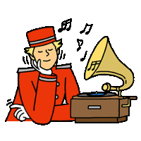 a man in a red uniform is sitting next to a record player .