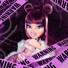 a bratz doll with purple hair is standing next to a warning tape .