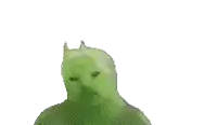 a green frog is making a salute with its hands in the air .