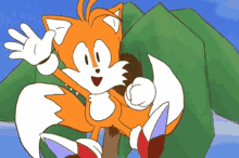 a cartoon drawing of tails the fox sitting on a tree branch