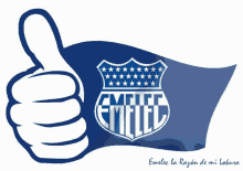 a hand giving a thumbs up in front of a blue flag with emelec on it