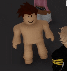 a naked roblox character with a smile on his face is standing in the dark .