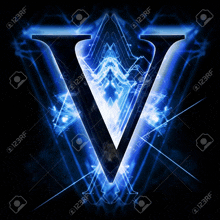 the letter v is glowing in the dark with a blue background