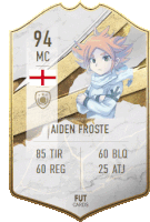 a soccer card for aiden froste has a picture of a boy on it