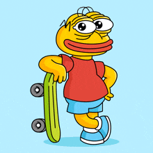 a cartoon character holding a green skateboard with a blue background