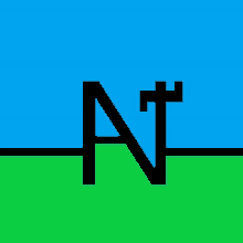 a green and blue background with the letter n in black