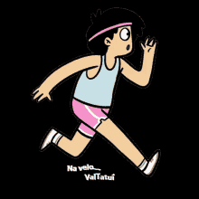 a cartoon drawing of a person running with the words na velo vallatui on the bottom