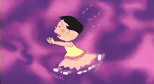 a cartoon of a girl in a yellow dress floating in the air .