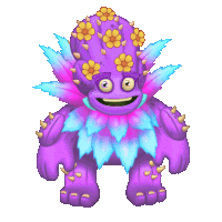 a purple monster with flowers on it 's head is smiling