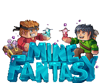 a logo for a game called mine fantasy with two cartoon characters