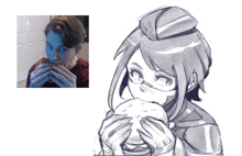 a drawing of a girl eating a hamburger next to a man eating a hamburger