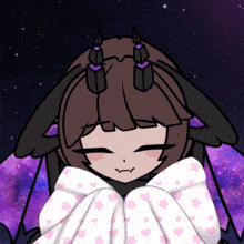 a drawing of a girl with purple horns and wings