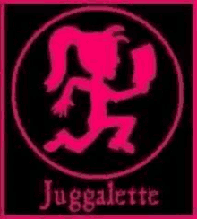 a pink and black logo for juggalette with a silhouette of a person in a circle