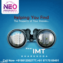 a poster for neo property kharkhoda shows binoculars looking at buildings