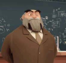 a man with a beard is standing in front of a chalkboard with numbers on it