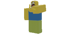 a yellow roblox character with a blue shirt and green legs giving the middle finger