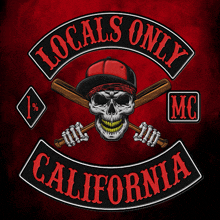 a logo for locals only california with a skull holding two bats