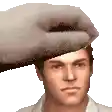 a hand is holding a man 's head in a pixel art style .