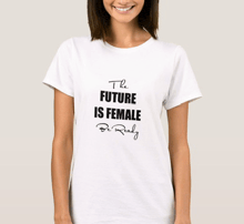 a woman wearing a white t-shirt that says " the future is female "