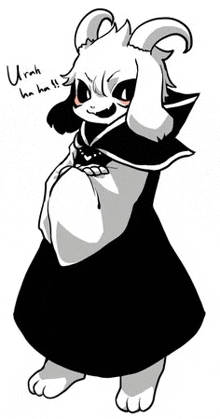 a black and white drawing of a goat wearing a black dress and a cape .