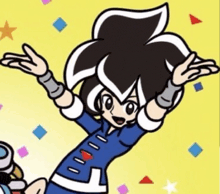a cartoon character with black and white hair is standing with his arms outstretched on a yellow background .
