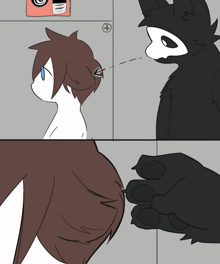 a black and white drawing of a cat looking at another cat