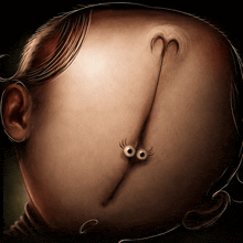 a cartoon drawing of a baby 's head with a very long eye