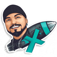 a sticker of a man with a rocket and the letter x on it