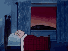 a cartoon character is sleeping in a bed with a red plaid blanket