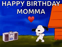 a cartoon of snoopy dancing in front of a boombox with the words happy birthday momma