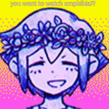 a drawing of a girl with a flower crown on her head and the words `` you want to watch amphibia '' .