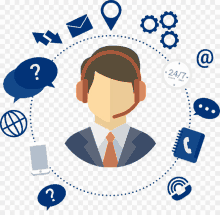 an illustration of a man wearing a headset that says 24/7 surrounded by icons