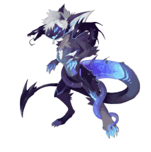 a drawing of a monster with a purple and blue tail