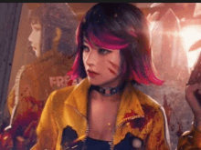 a woman with red hair and a yellow jacket is standing in front of a mirror .