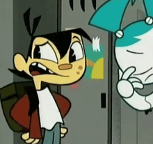 a cartoon character is standing next to a cartoon character