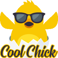 a yellow chicken wearing sunglasses and the words cool chick