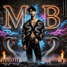 a man stands in front of a neon sign that says mb on it