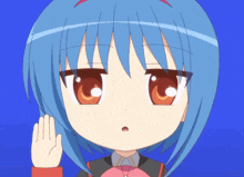 a cartoon character with blue hair and red eyes holds her hand up