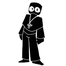 a black and white silhouette of a cartoon character wearing a robe and a cross necklace .
