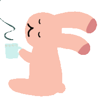 a cartoon of a pink bunny holding a cup of coffee