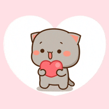 a cute cartoon cat is holding a pink heart in its paws .