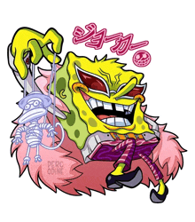 a cartoon drawing of spongebob holding a skeleton and the words perc odine below him