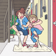 a cartoon drawing of a boy and a girl playing with a sticky substance