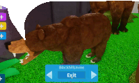 a bear is standing in the grass with a blue exit button in front of it