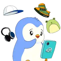 a cartoon penguin is holding a cell phone and surrounded by hats headphones and frogs