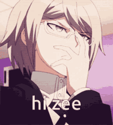 a man with glasses is covering his face with his hand and the word hizee is written below him