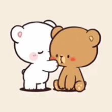 a couple of bears hugging each other on a purple background .