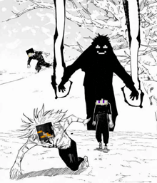 a black and white drawing of a group of people in a forest .