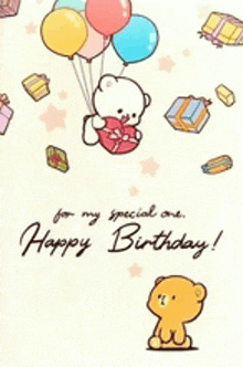 a happy birthday card with a teddy bear holding balloons and gifts